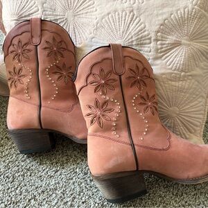 Embroidered Floral Ankle Booties in Pink